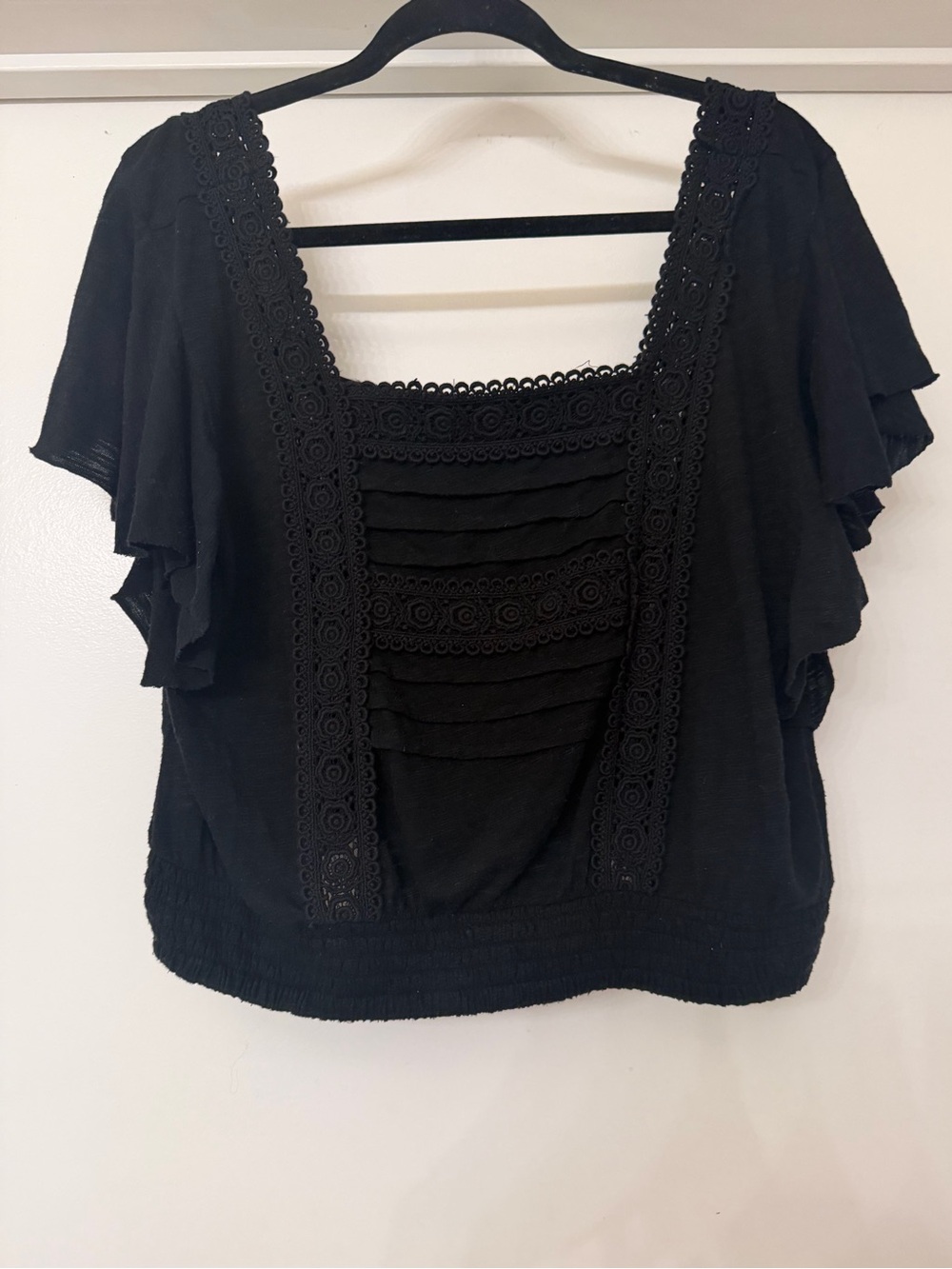 Black Lace-Trim Square Neck Women's Top
